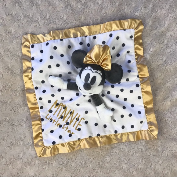 Disney Baby Minnie Mouse Little Star Lovey Security Blanket Gray White Gold Dots - Picture 3 of 4